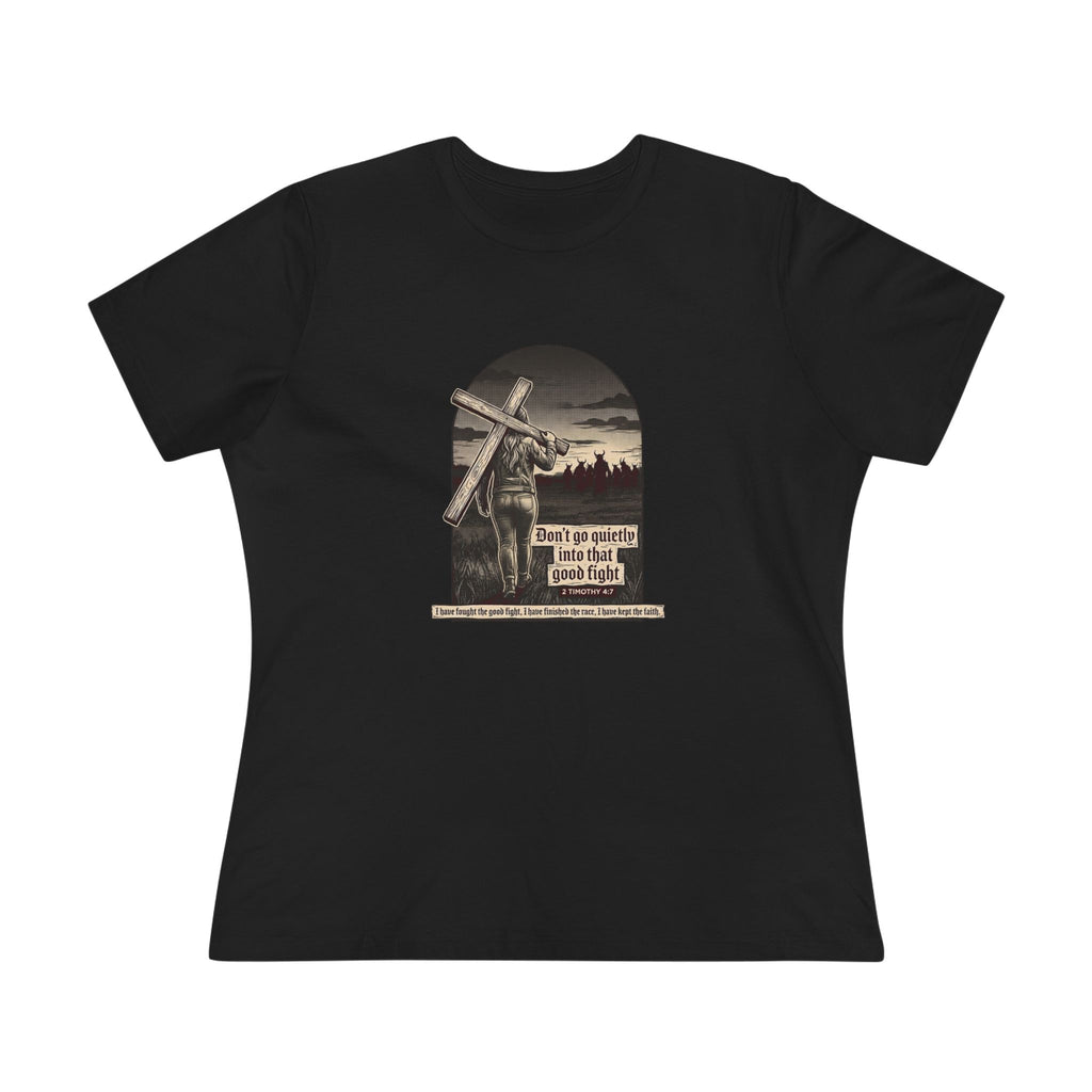 Black | Don't Go Quietly women's relaxed tee — flat front, full arch print