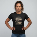 Black | Don't Go Quietly women's relaxed tee — worn, front view, arched cross graphic