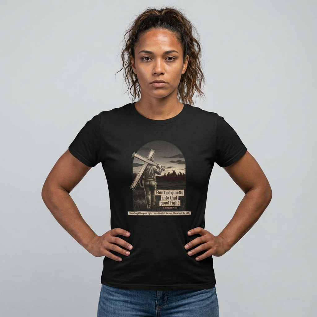 Black | Don't Go Quietly women's relaxed tee — worn, front view, arched cross graphic
