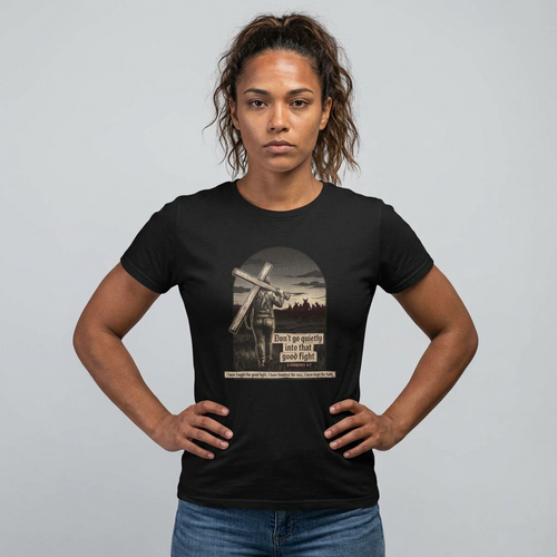 Black | Don't Go Quietly women's relaxed tee — worn, front view, arched cross graphic
