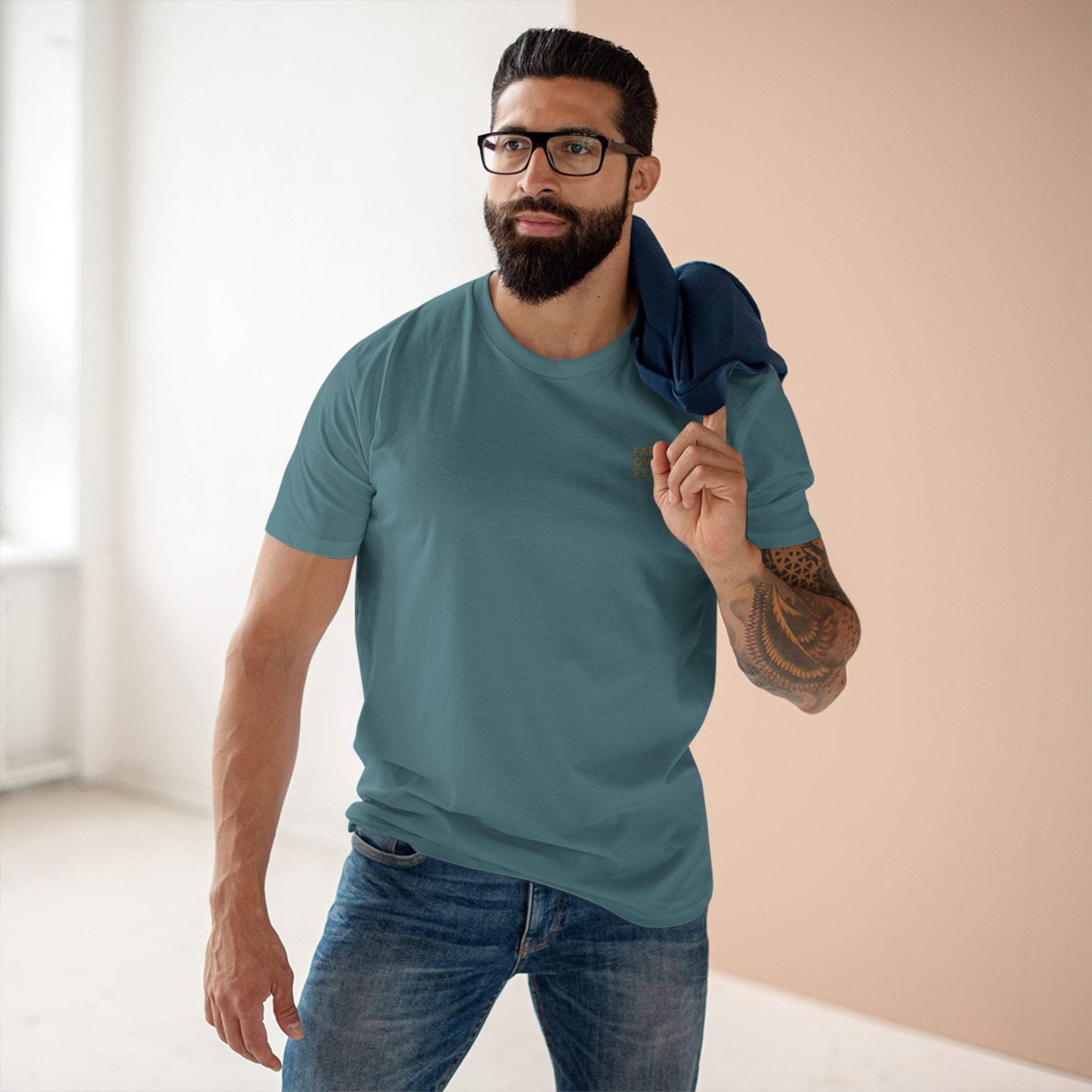 Faith over Fear — Men's AS Colour 5001, Slate Blue, on-body
