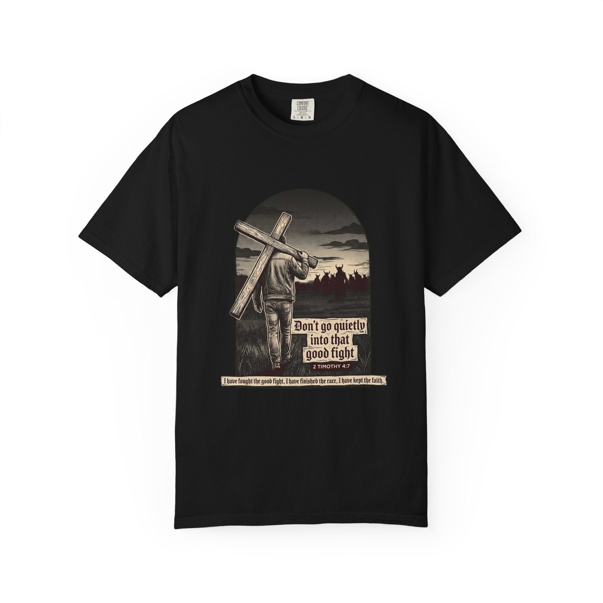 Black | Don't Go Quietly men's heavyweight tee — flat front, full arch print