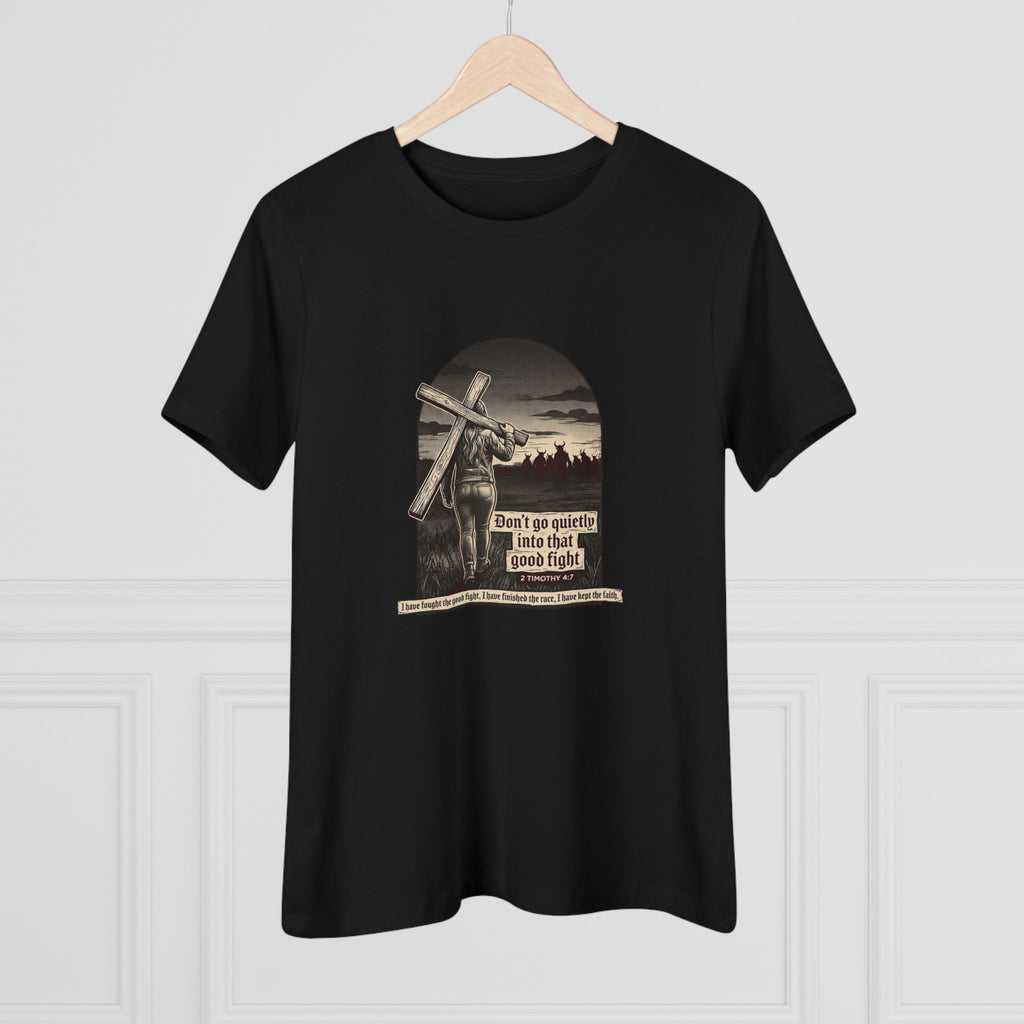 Black | Don't Go Quietly women's relaxed tee — on hanger