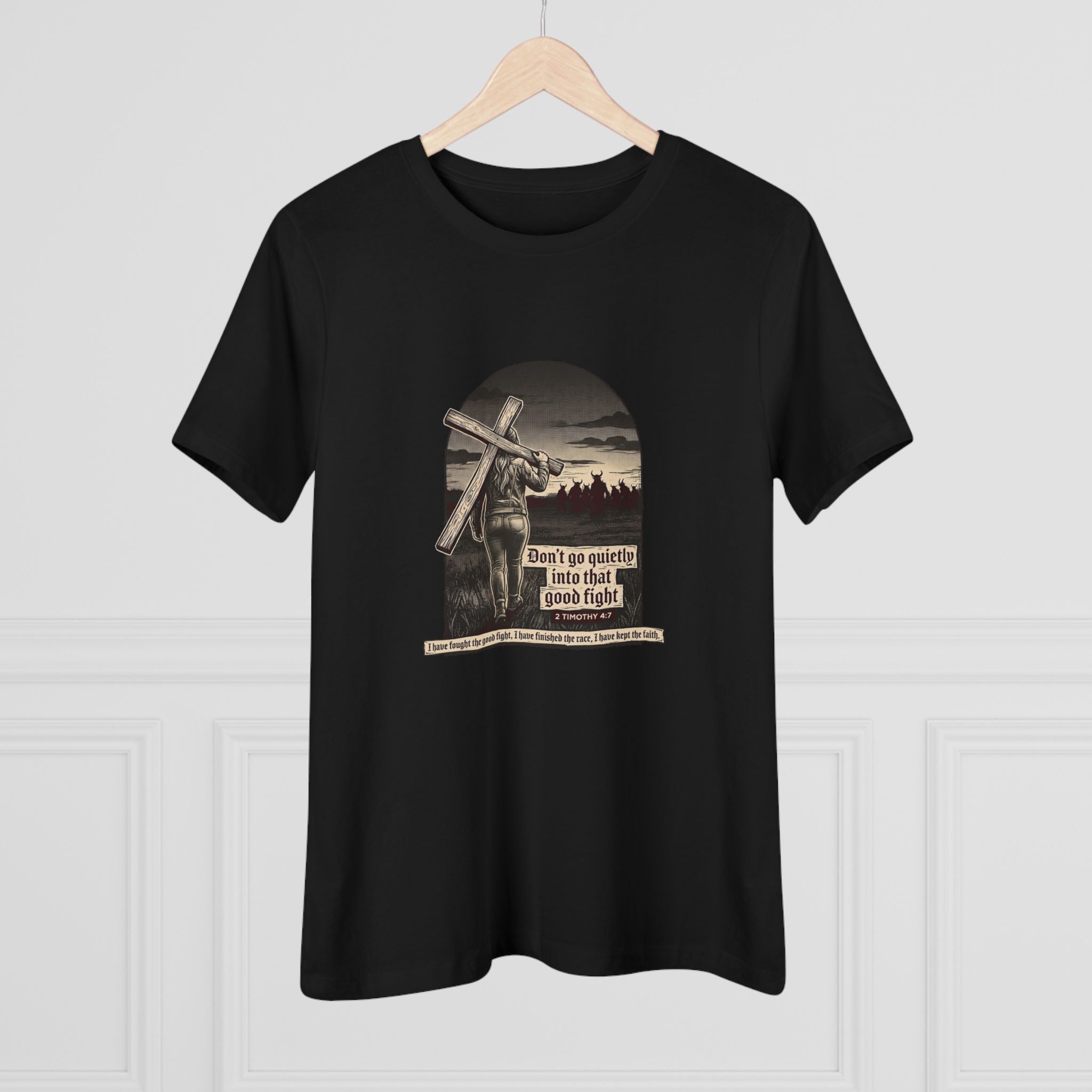 Black | Don't Go Quietly women's relaxed tee — on hanger
