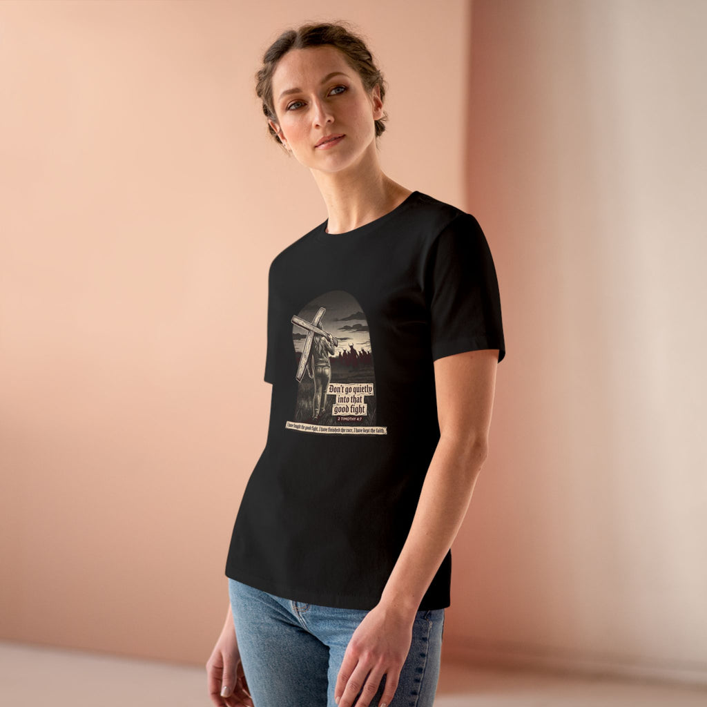 Black | Don't Go Quietly women's relaxed tee — worn, three-quarter view